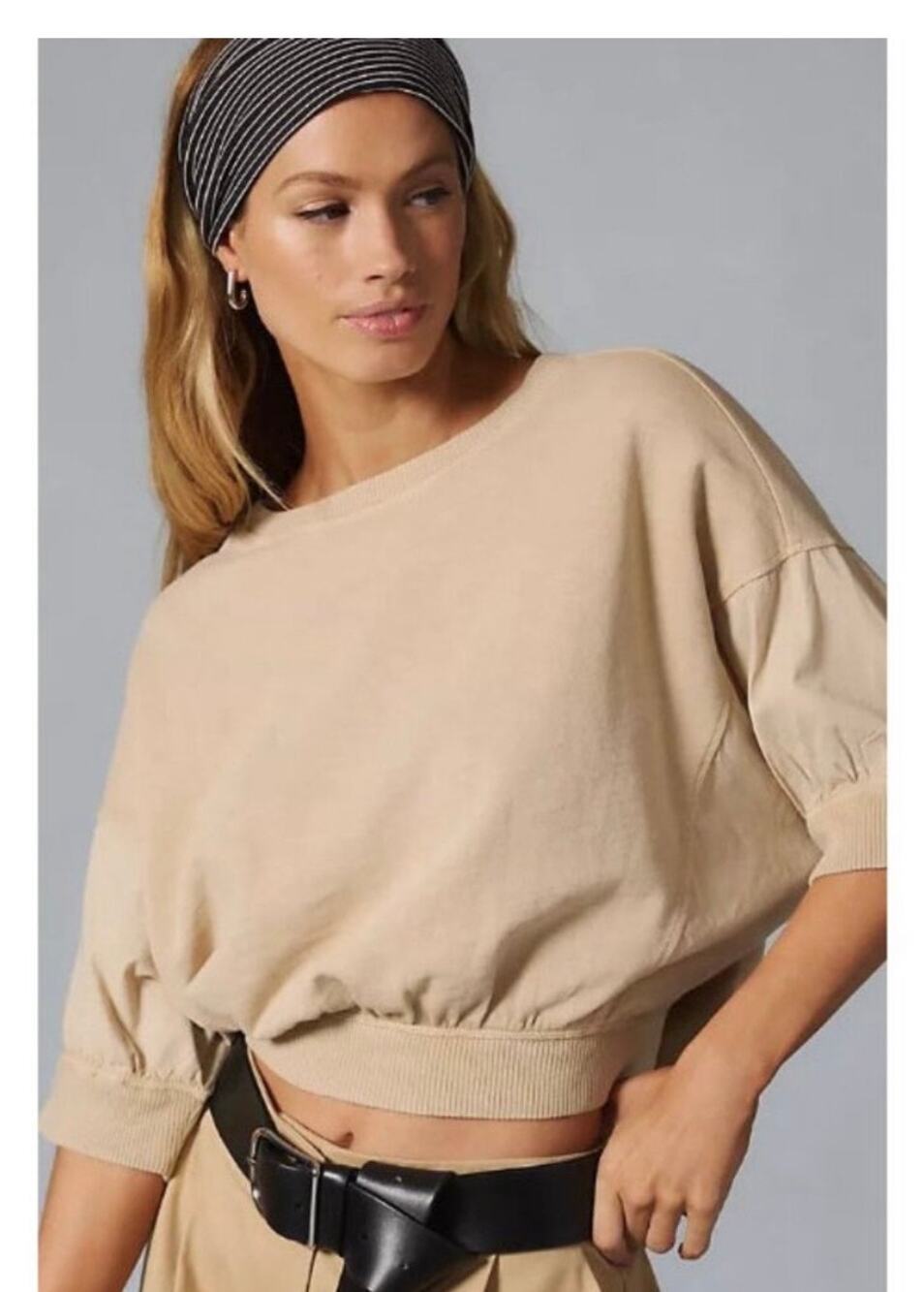 Pilcro Dolman Short Sleeve Mixed Media Sweatshirt Top Sand M